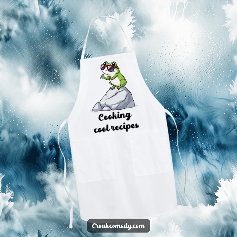 Funny frog wearing sunglasses, balanced on a rock, adding a humorous and stylish touch to this chef's apron.