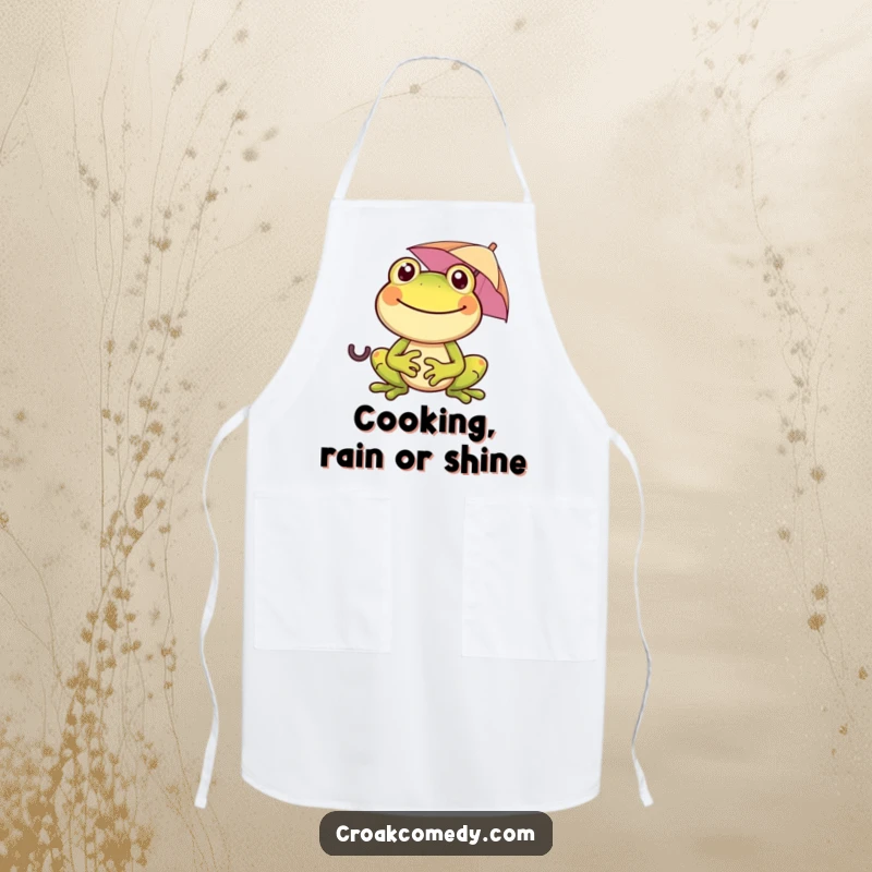 Funny frog with a wide smile, holding a tiny umbrella, on an apron, ideal for cooking and bringing humor to the kitchen.
