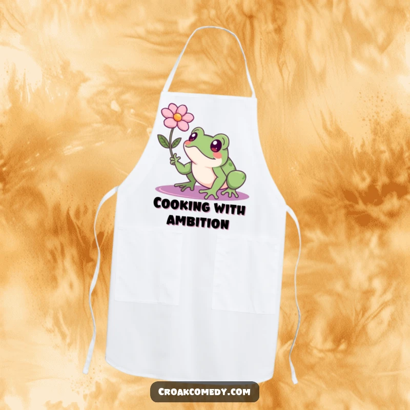 Funny frog with a concentrated look aiming for a floating flower, a humorous and functional apron for kitchen endeavors.