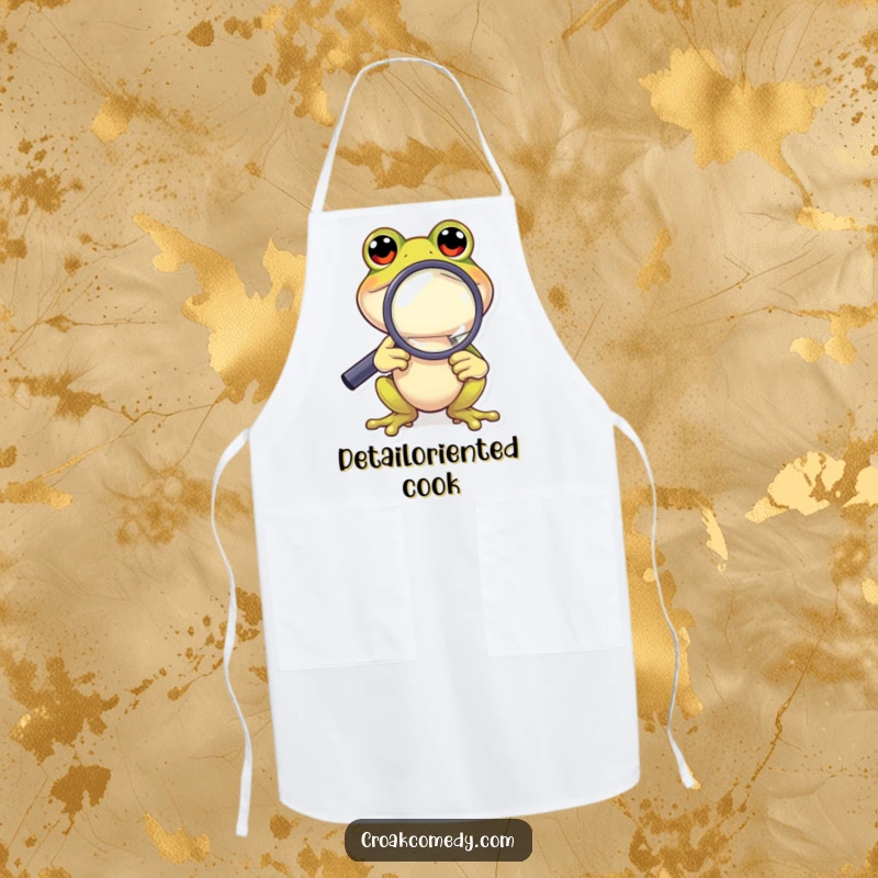 Funny Frog Apron: A curious frog character using a magnifying glass, a humorous and functional kitchen accessory.
