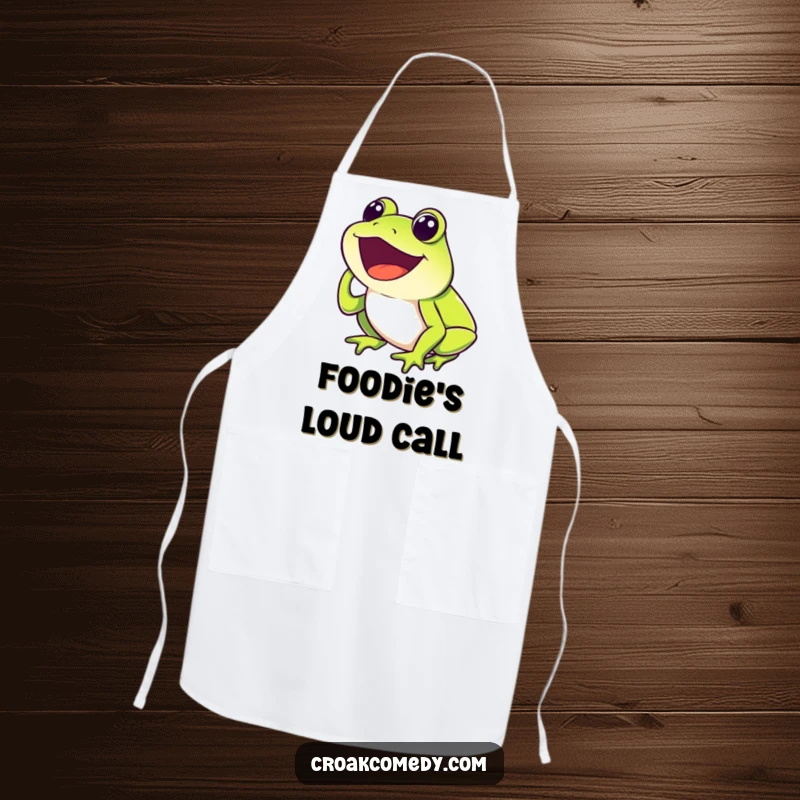 Funny Frog Apron showing a happy frog with mouth open, joyfully croaking while cooking, a humorous and practical garment.