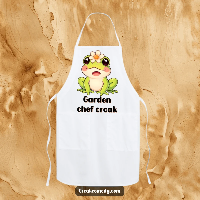 Funny apron with a happy frog wearing a flower on its head, joyfully croaking.