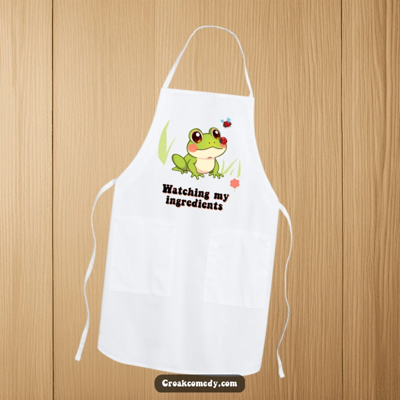 Funny apron featuring a frog with innocent eyes watching a ladybug fly, suitable for kitchen tasks and adding charm.