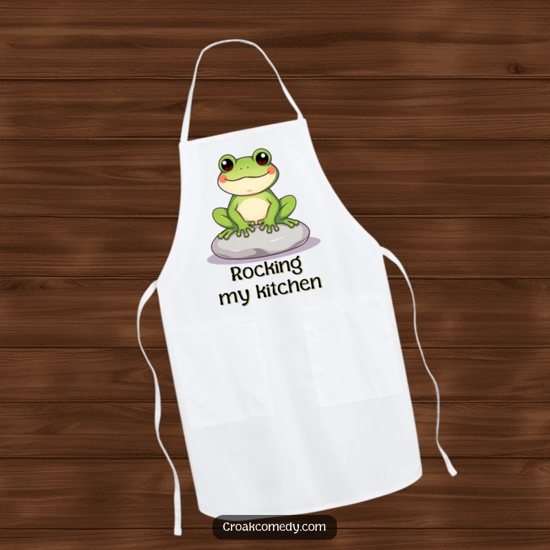 Funny Frog Apron featuring a content frog sitting on a stone, ideal for kitchen tasks with a humorous, relaxed, and stylish flair.