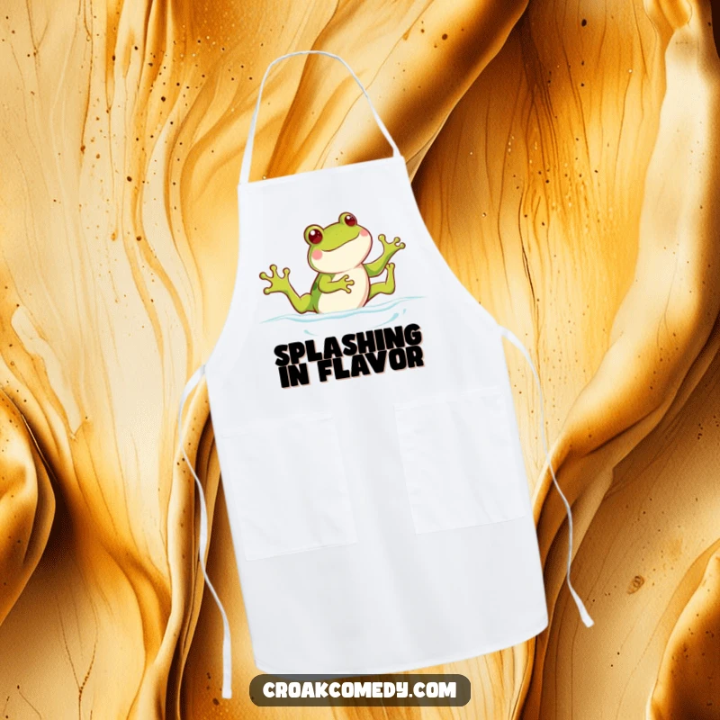 Funny frog apron, depicting a cheerful frog kicking its legs while swimming, ready for kitchen fun with a playful spirit.