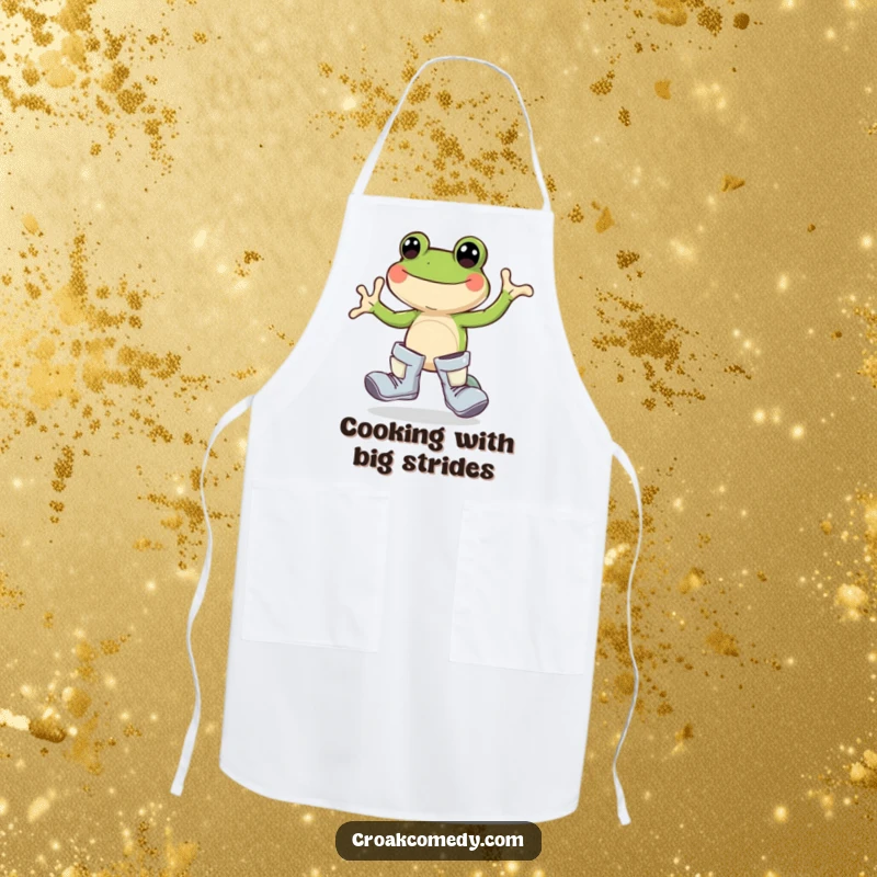 Funny frog apron, oversized boots, joyful hopping, kitchen accessory, nature lover wear, cute cartoon chef.
