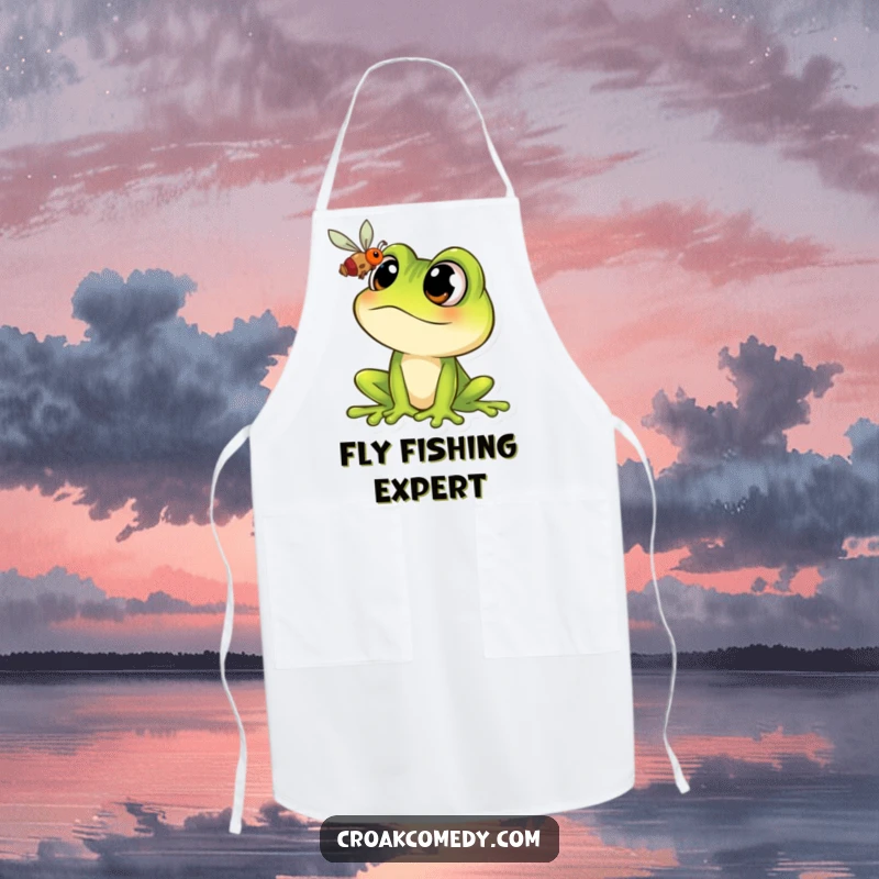 Funny Frog Apron: Cartoon frog character with wide eyes hunting a fly, a humorous and functional kitchen accessory.