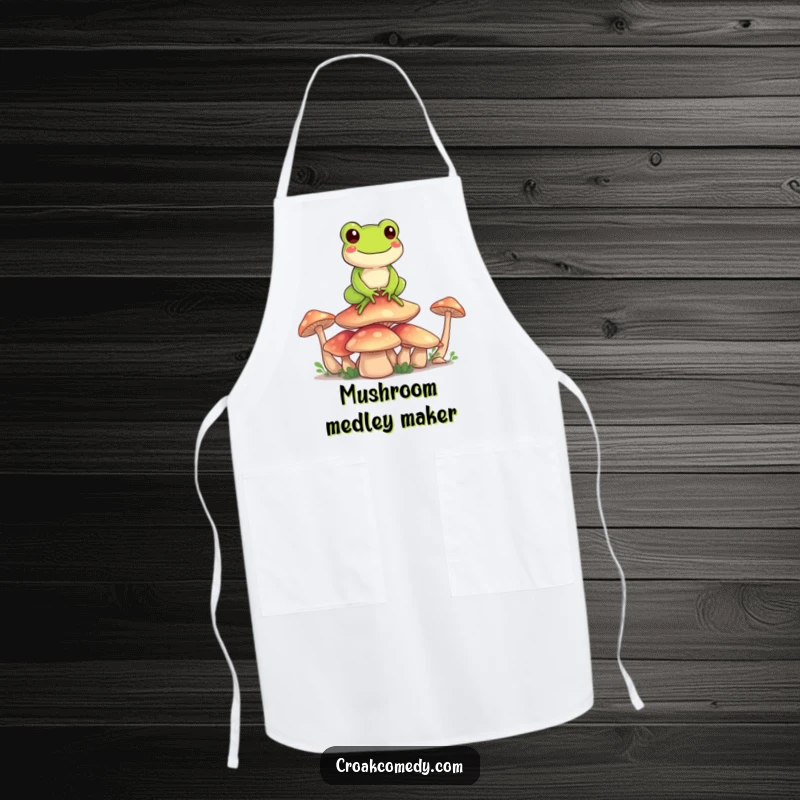 Funny Frog Apron: A happy frog character balancing on a stack of mushrooms, a humorous and functional kitchen accessory.