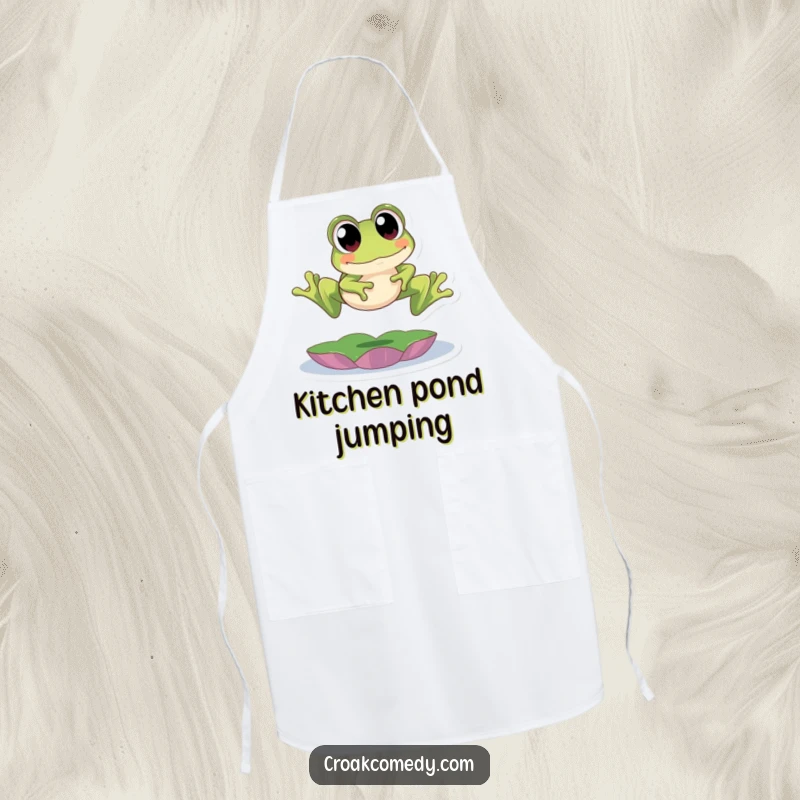 Funny Apron showcasing a cute frog with big eyes leaping over a lily pad, designed for kitchen fun and protection with a whimsical touch.