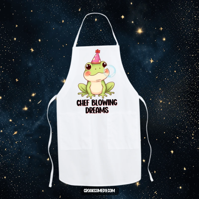 Funny Frog Apron showing a frog in a party hat blowing a bubble, adding humor to cooking.