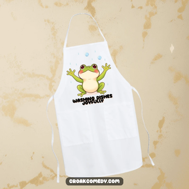 Funny apron showing a small frog with arms outstretched, joyfully catching raindrops, for cooking.
