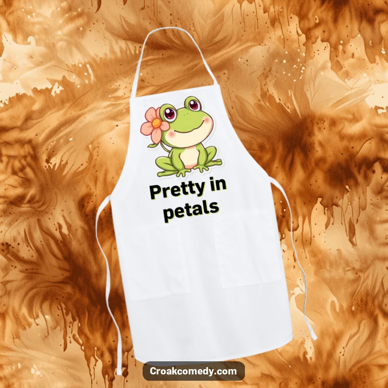 Funny happy frog apron, showing a cheerful amphibian wearing a flower, ready for culinary adventures.