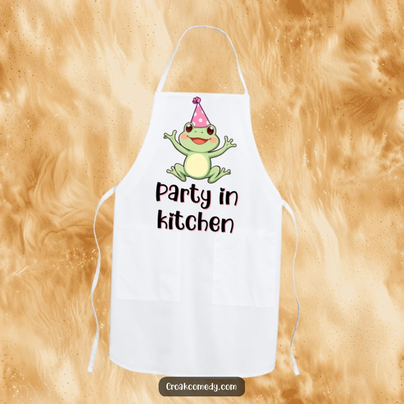 Funny apron featuring a frog wearing a party hat, joyfully leaping, ideal for festive cooking and kitchen fun.