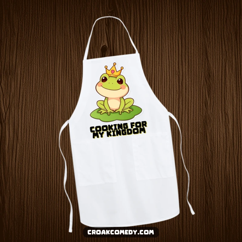 Funny apron designed with a happy frog wearing a crown on a lily pad, adding regal flair to kitchen wear.