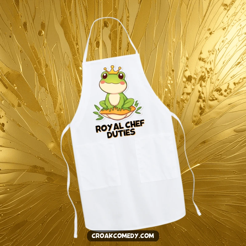 Funny frog wearing a crown sits regally on a mushroom, adding humorous flair to this chef's apron.