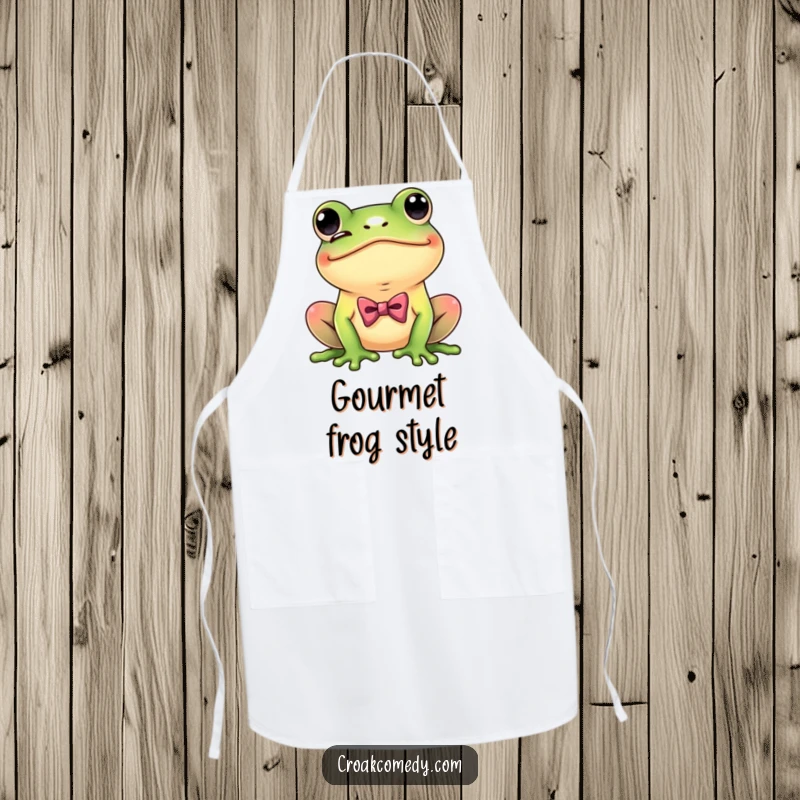 Funny Dapper Frog Apron showing a playful frog with a bow tie, winking coyly while cooking, a humorous and practical garment.