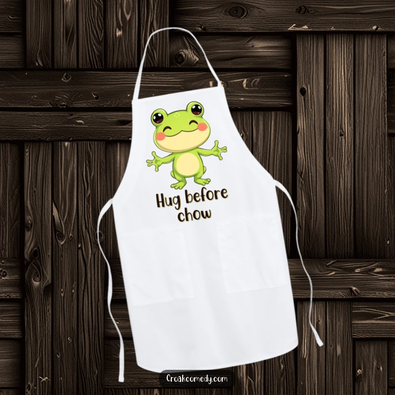 Funny Apron with a jubilant frog character with arms outstretched, ready for a kitchen hug.