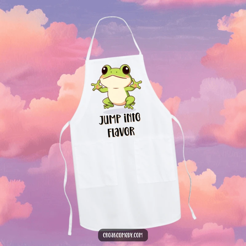 Funny Frog Apron depicting an eager frog winking, ready to jump, ideal for cooking with humorous energy and a can-do spirit.
