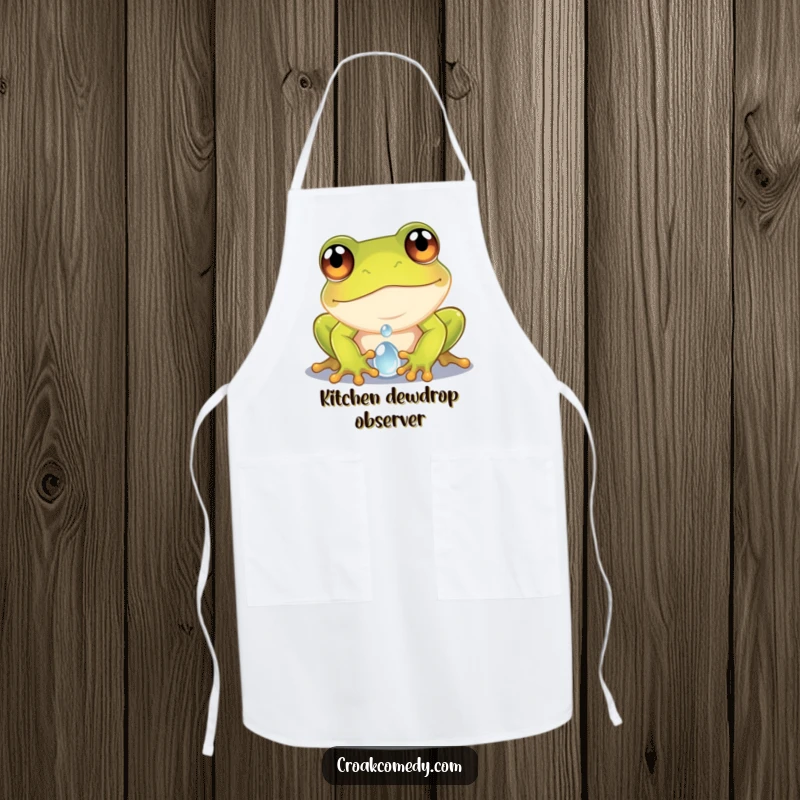 Funny frog apron showing a curious frog with wide eyes peering into a dewdroplet, perfect for the nature-loving cook.