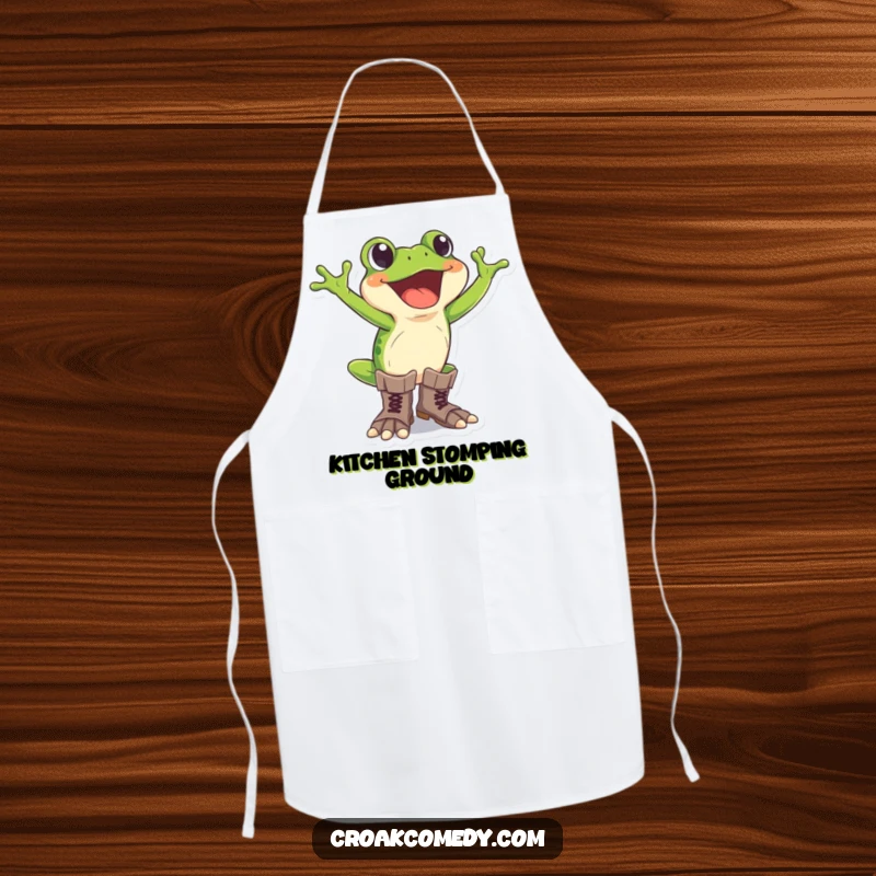 Funny frog apron showing an excited frog wearing oversized boots, a humorous and practical kitchen accessory for adventurers.