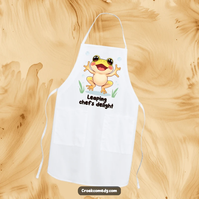 Funny Frog Apron depicting an excited frog jumping between dewdrops, ideal for energetic kitchen activities.