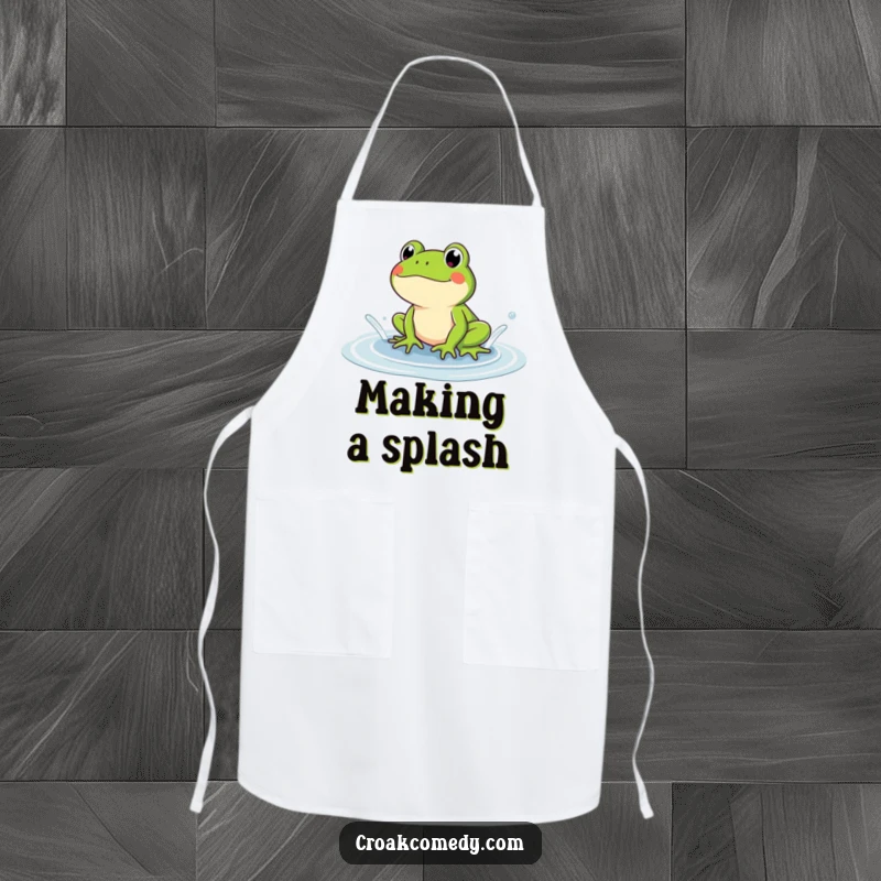 Funny frog apron for kitchen use, showing a frog happily splashing in a puddle. A humorous and practical gift.