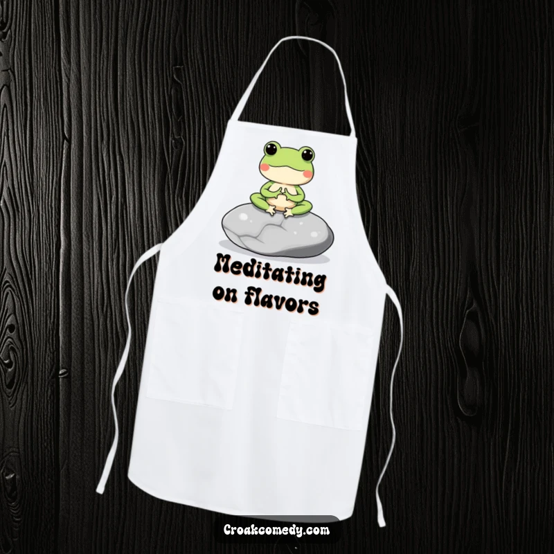 Funny apron designed with a meditating frog character on a smooth stone, bringing a calm and serene vibe to kitchen wear.
