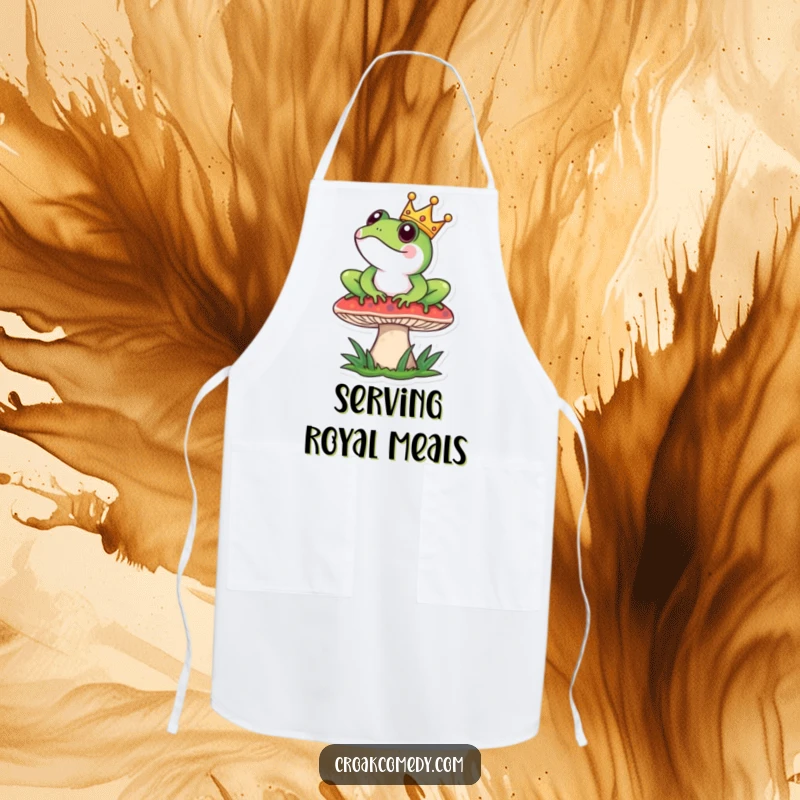 Funny Apron: Frog wearing a crown sits regally on a mushroom, ideal for a royal cooking experience.
