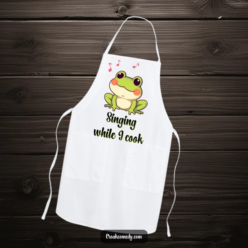 Funny Frog Apron: A happy frog croaking tunes, ready to protect clothes with musical amphibian flair and humor.