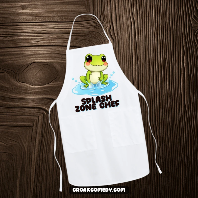 Funny Apron with a playful frog character splashing in a bright blue puddle, perfect for kitchen fun.