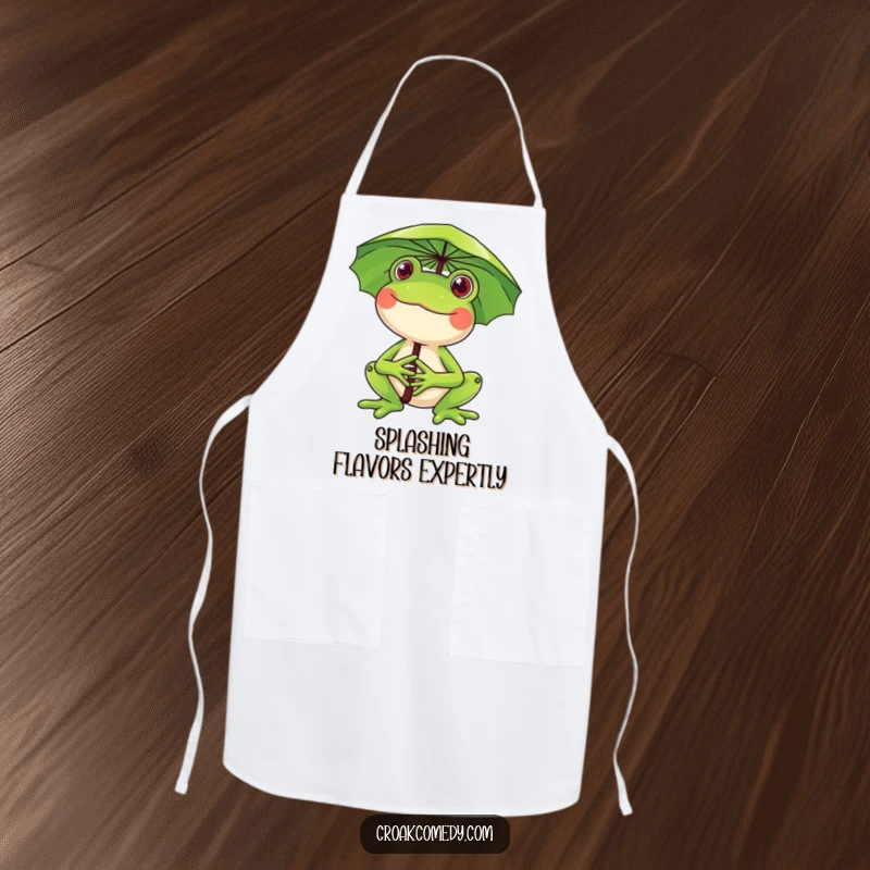 Funny frog apron, a happy frog holding a lily pad umbrella, a whimsical and practical kitchen accessory.