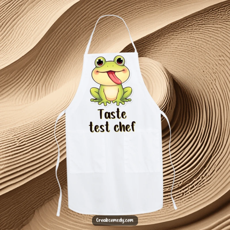 Funny Frog Apron: A playful frog giggling and sticking its tongue out, adding a humorous touch to kitchen activities, a funny gift.