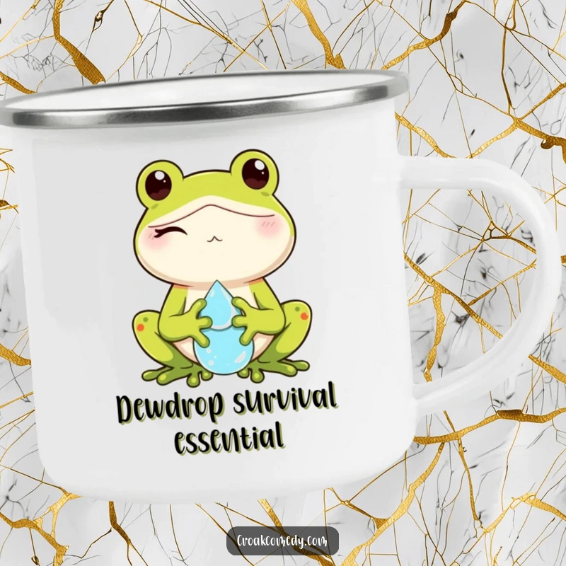 Funny camping mug showcasing a winking frog holding a dewdrop, designed for outdoor enthusiasts with a playful spirit.