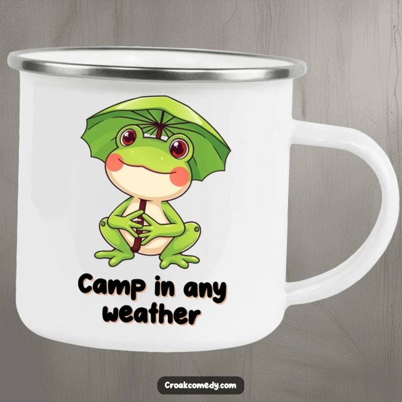 Funny frog camping mug, a happy frog with a lily pad umbrella, ideal for outdoor adventures and bringing smiles.