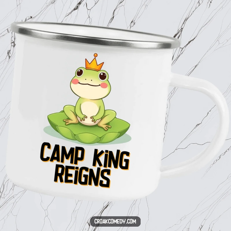 Funny Frog Camping Mug: A crowned frog riding a lily pad, offering majestic comfort for outdoor beverages, a durable and funny gift.