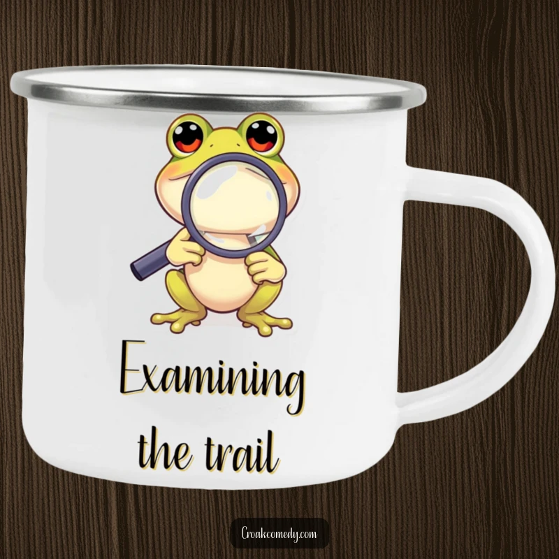 Funny Frog Camping Mug: A curious frog with a magnifying glass exploring the wilderness, a humorous outdoor essential.