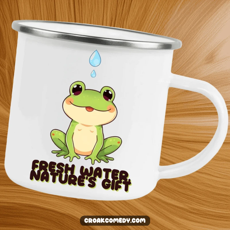 Funny enamel camping mug showcasing a cheerful frog catching a falling raindrop, perfect for outdoor adventures and hot beverages.