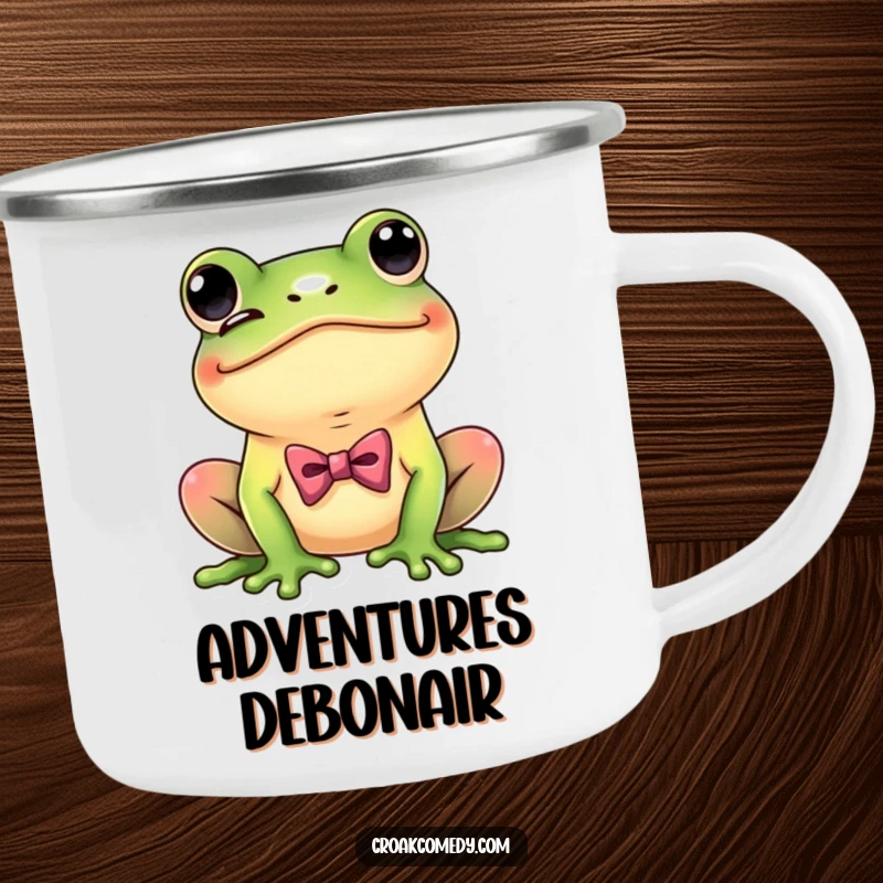 Funny Dapper Frog Camping Mug showing a playful frog with a bow tie, winking coyly, durable and humorous for camping.