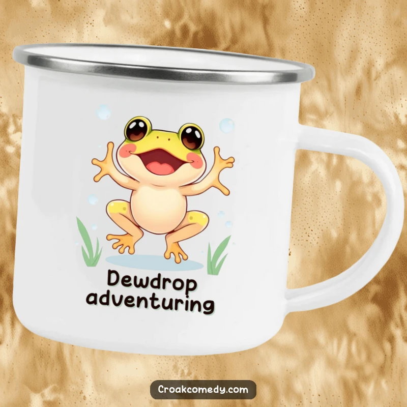 Funny Frog Camping Mug showing an excited frog jumping between dewdrops, perfect for outdoor use.