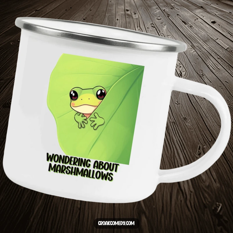 Funny frog peeking from behind a leaf, designed for outdoor use on this durable and humorous camping mug.
