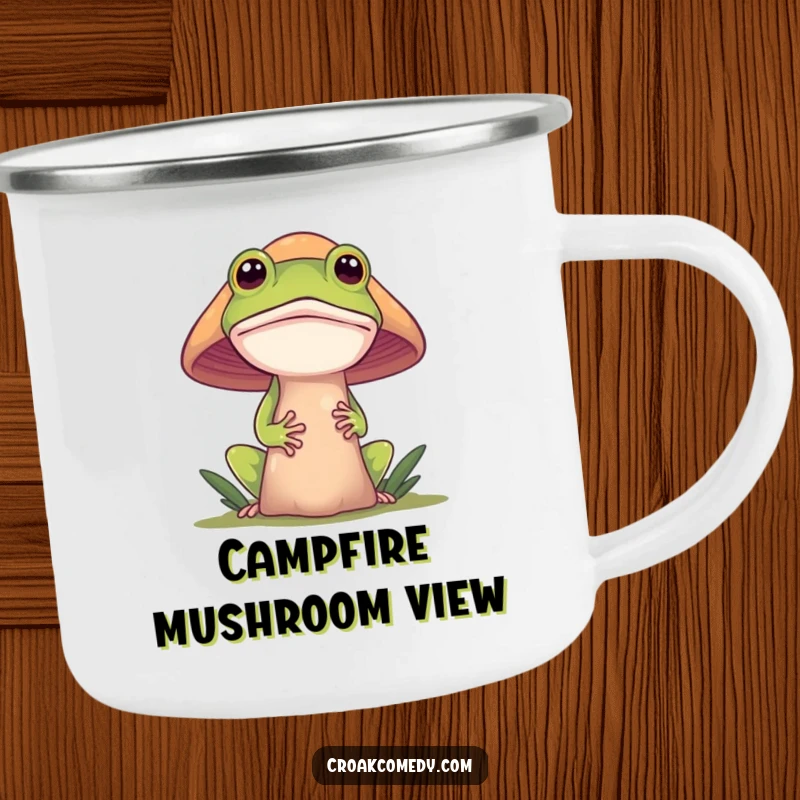 Funny frog camping mug, a curious frog peeking from behind a mushroom, perfect for enjoying drinks in the great outdoors.