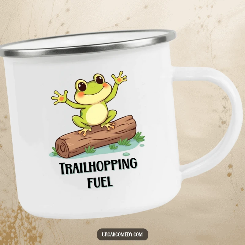 Funny frog dancing with gusto on a log, an enamel camping mug designed for outdoor fun and humorous hydration.