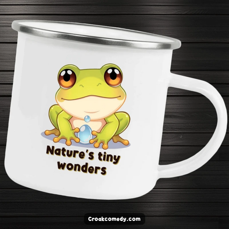 Funny frog camping mug featuring a curious frog with wide eyes peering into a dewdroplet, for nature lovers outdoors.