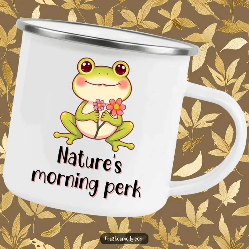 Funny Frog Camping Mug showing a cheerful frog holding a flower, legs spread wide for maximum enjoyment, rugged and humorous.