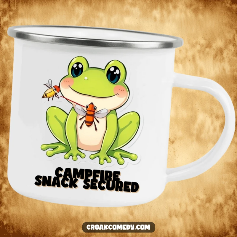 Funny Camping Mug featuring a smiling frog balancing a fly on its tongue, designed for outdoor enthusiasts who enjoy humor and quirky designs.