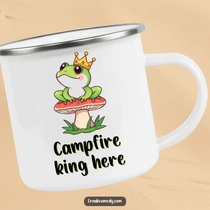 Funny Camping Mug: Frog with crown sits regally on a mushroom, ideal for royal camping trips.