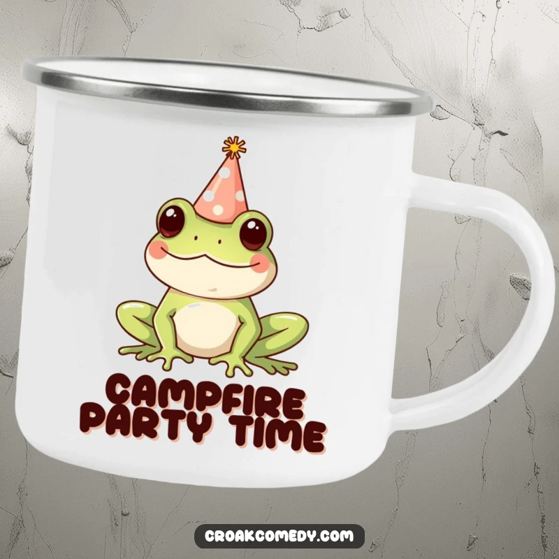 Funny Camping Mug featuring a happy frog wearing a tiny party hat, designed for outdoor enthusiasts who enjoy humor and festive designs.
