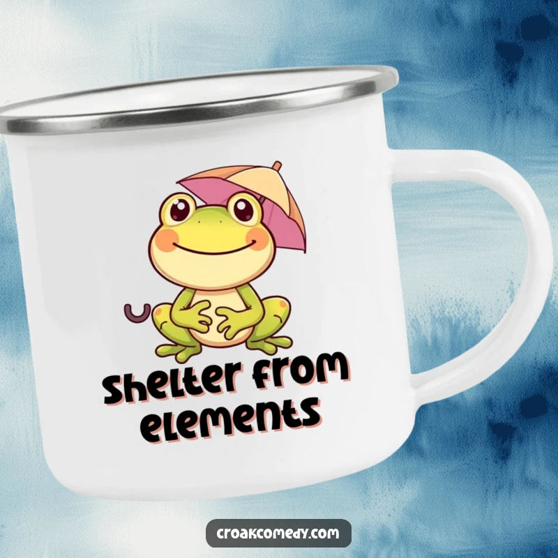 Funny frog with a wide smile, holding a tiny umbrella, on a durable camping mug, perfect for joyful outdoor experiences.