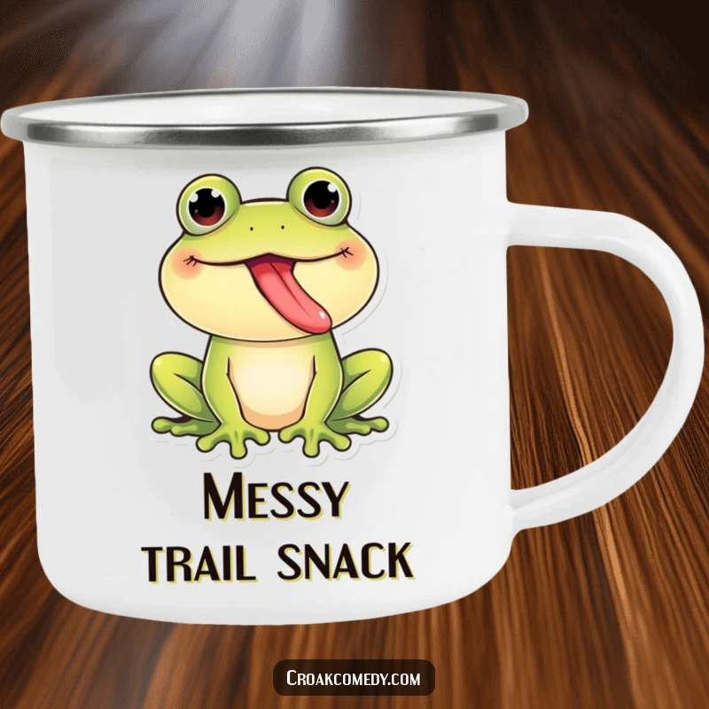 Funny Frog Camping Mug: A giggling frog with tongue out, adding humor to your outdoor drinking experience, a durable and funny gift.
