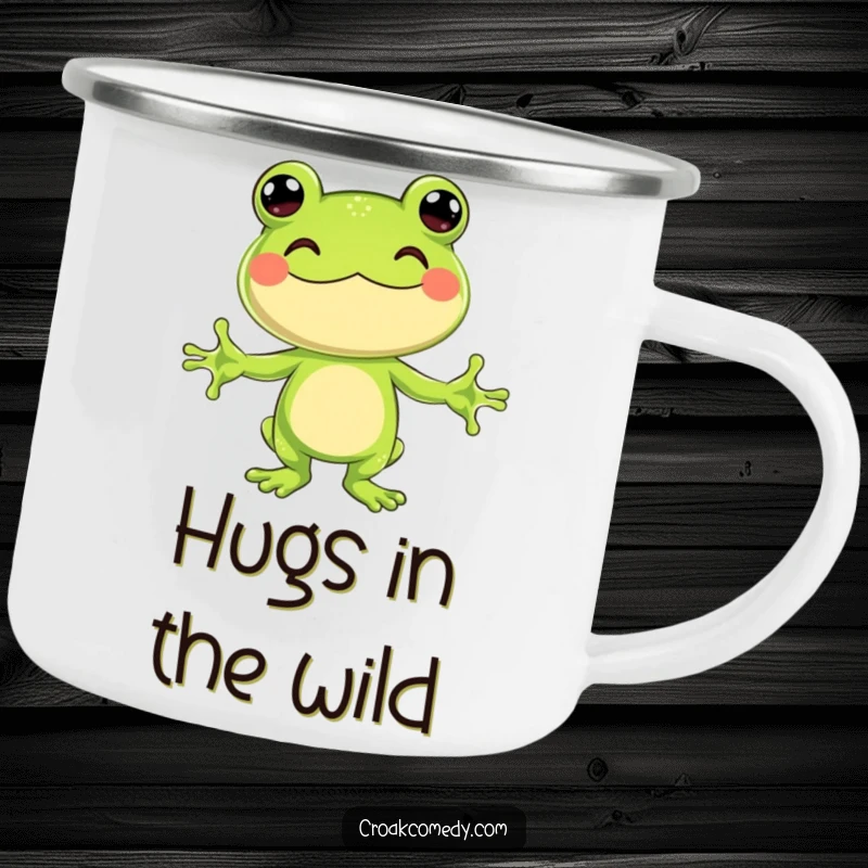 Funny Camping Mug showing a jubilant frog with arms outstretched, ready to give a hug, for outdoor enjoyment.